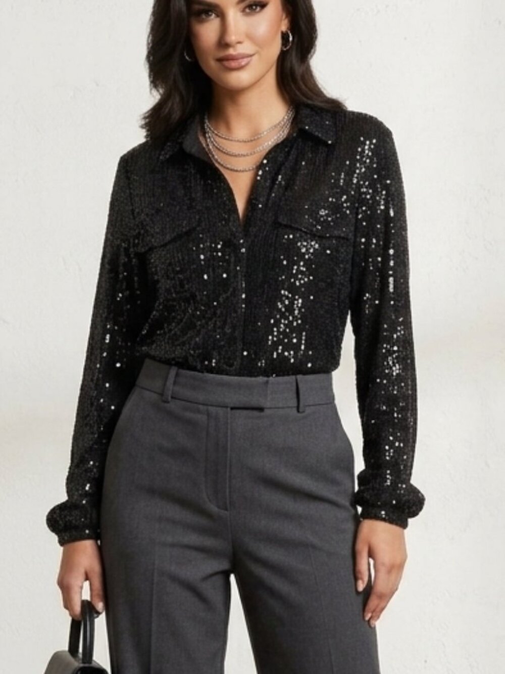 GUESS Black Sequin Lined Blouse Sparkly Party Glam Long Sleeve Collar Top Sz Lrg